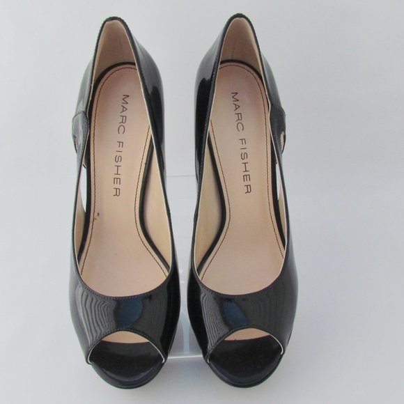 Marc Fisher Tumble 3 BLACK PLATFORM PUMPS Peep Toe Patent Look Heels 9 M - Picture 2 of 11
